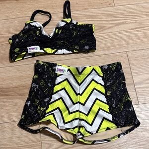 Dance wear Neon Yellow Chevron Black Lace Dance Shorts Set